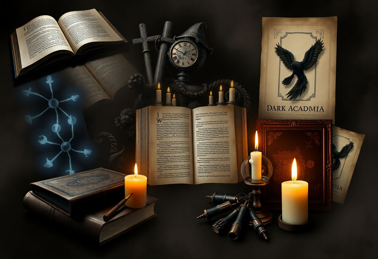 Collage of Dark Academia elements like books, candles, and art