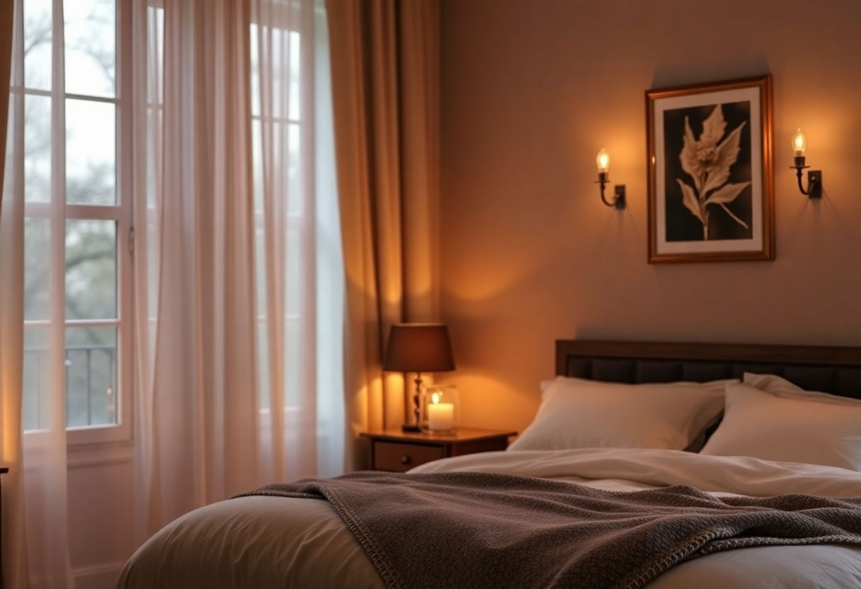 Room lit by soft warm lamps and candlelight