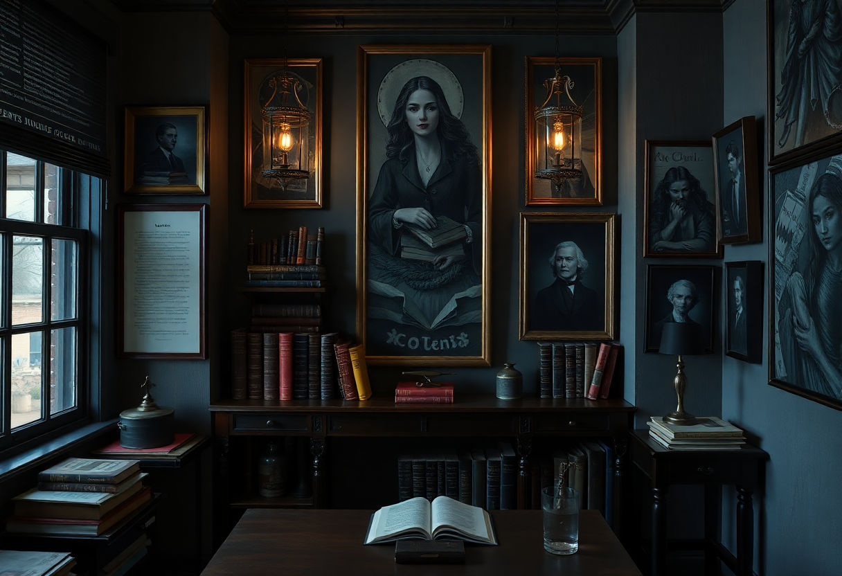 Literary art pieces in dark academia decor