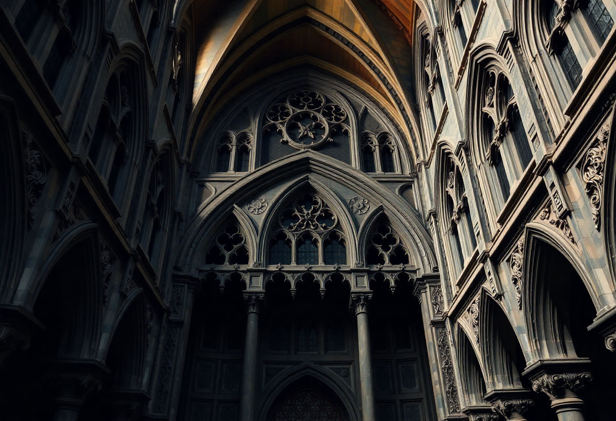 Architectural features of dark academia such as pointed arches and intricate carvings.