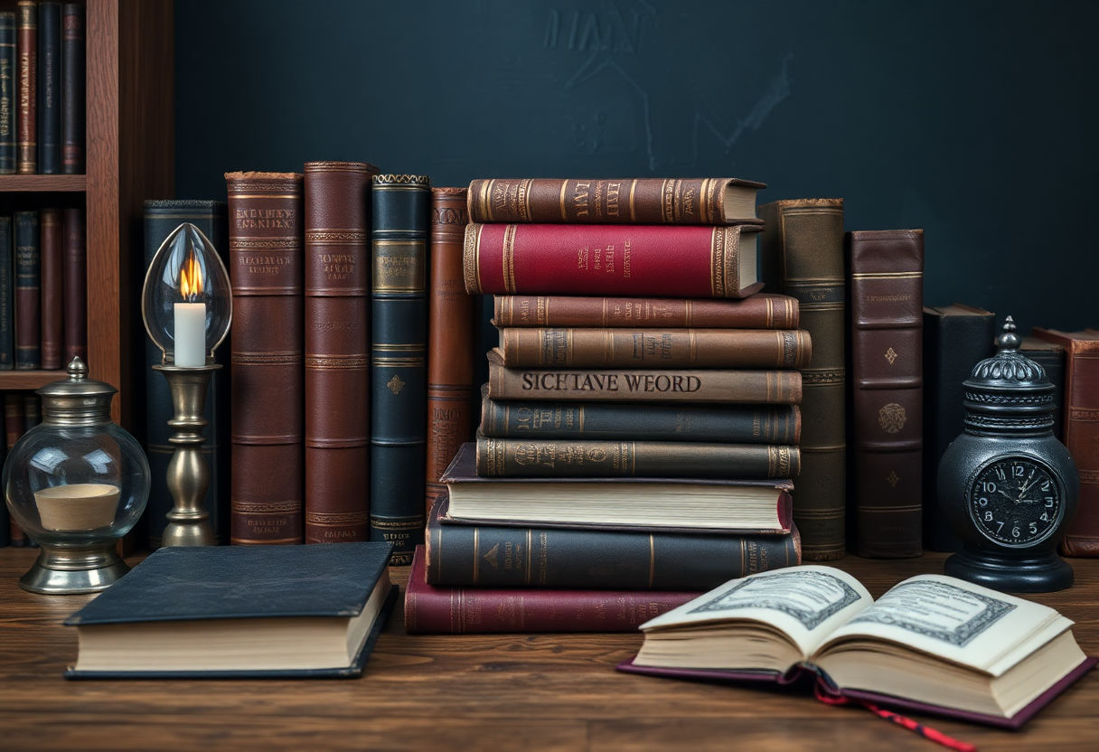 Books and vintage decor embodying dark academia.