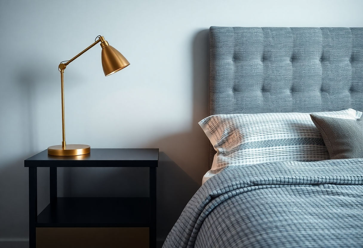 A modern chic lamp paired with a classic textured bed cover.