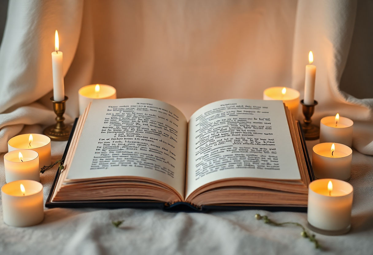 Open book with candles around