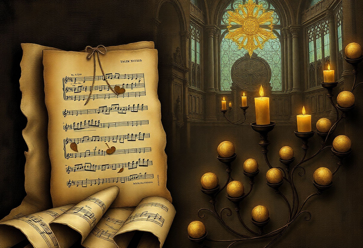 Gothic art piece and musical notes