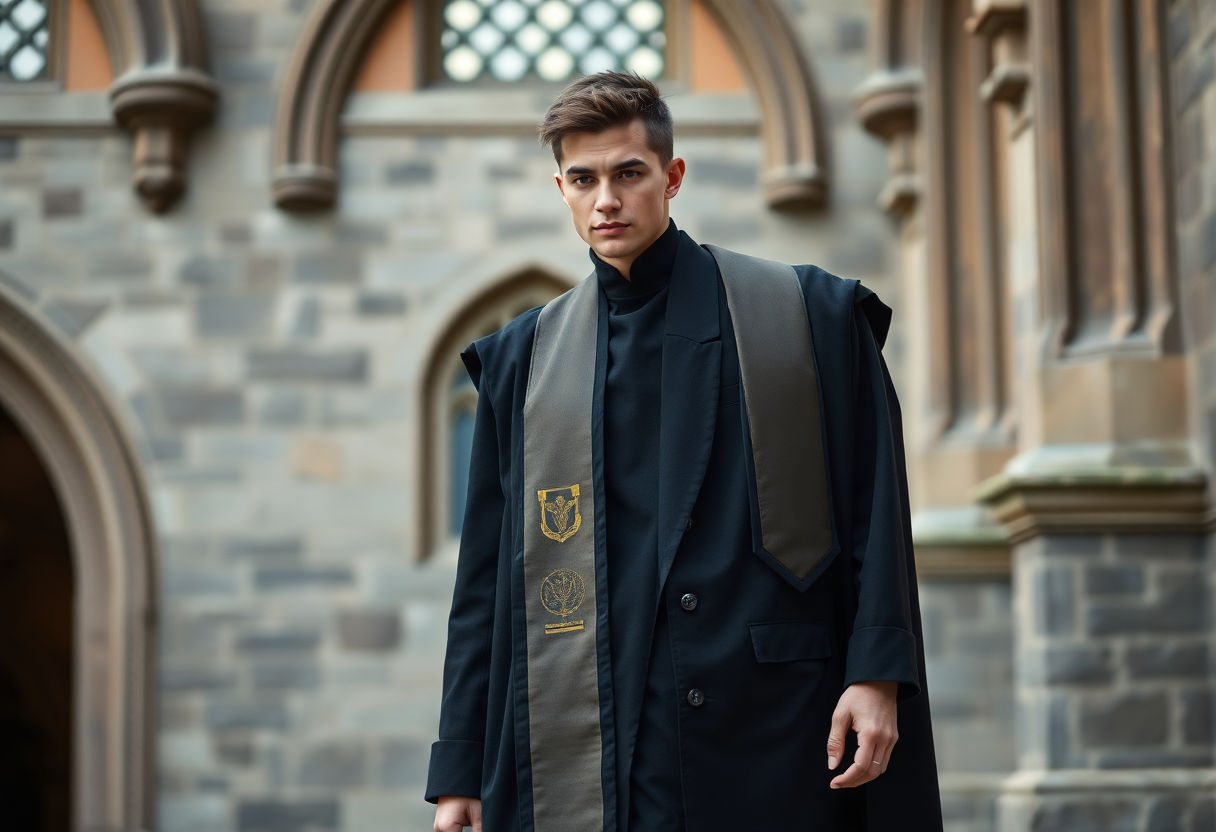 Model wearing gothic academic attire
