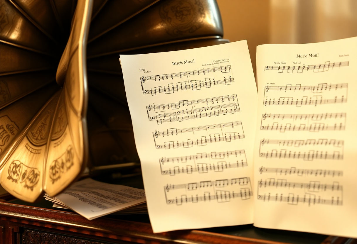 Sheet music and vintage gramophone