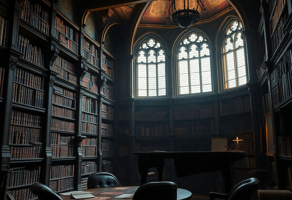 Ancient library with gothic touches