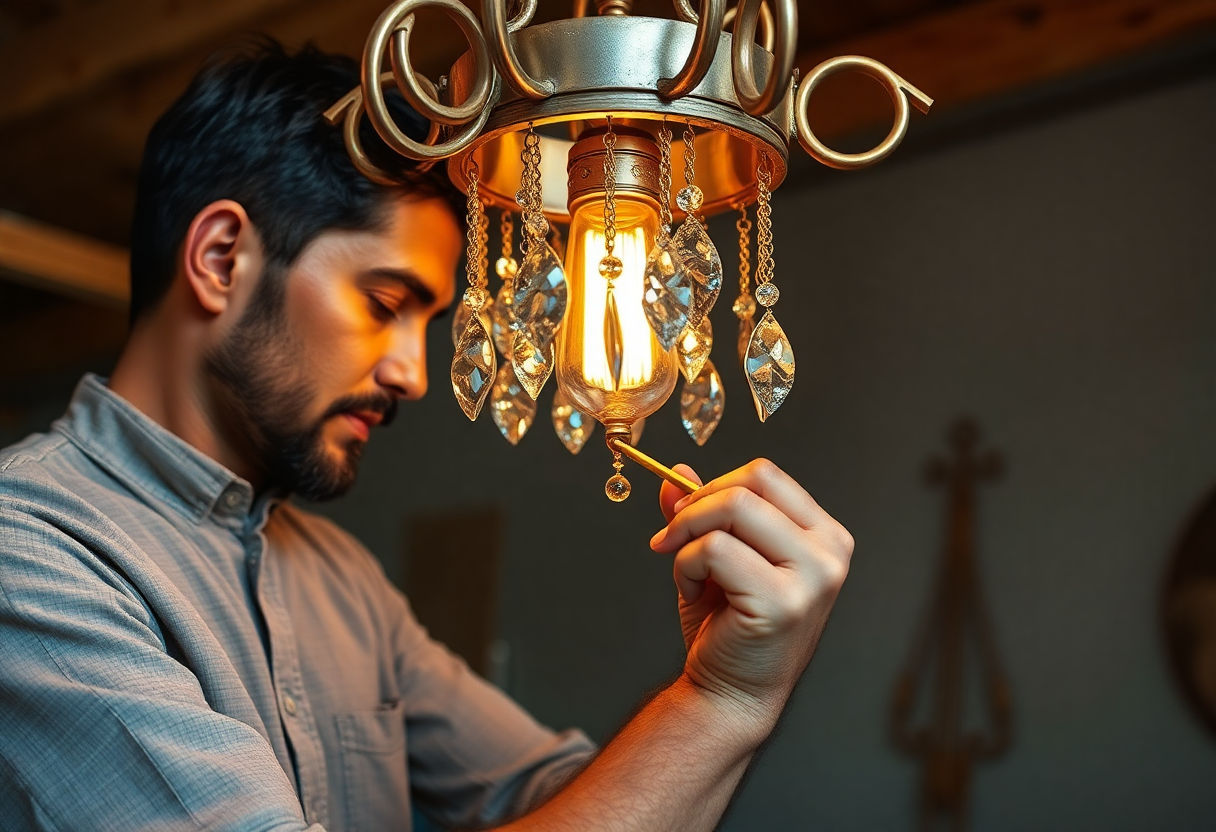 Artisan working on chandelier components