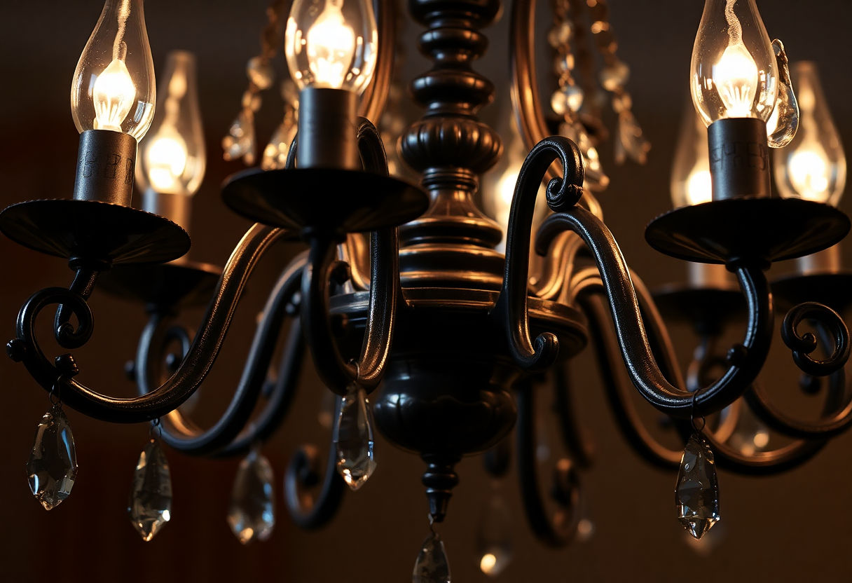 Close-up of a chandelier with dark metallic details