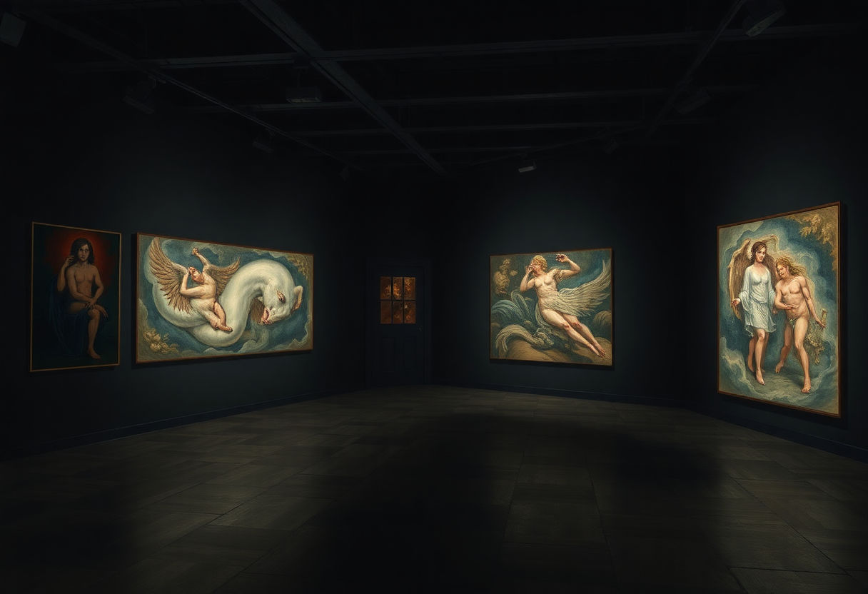 Art pieces in a dark room